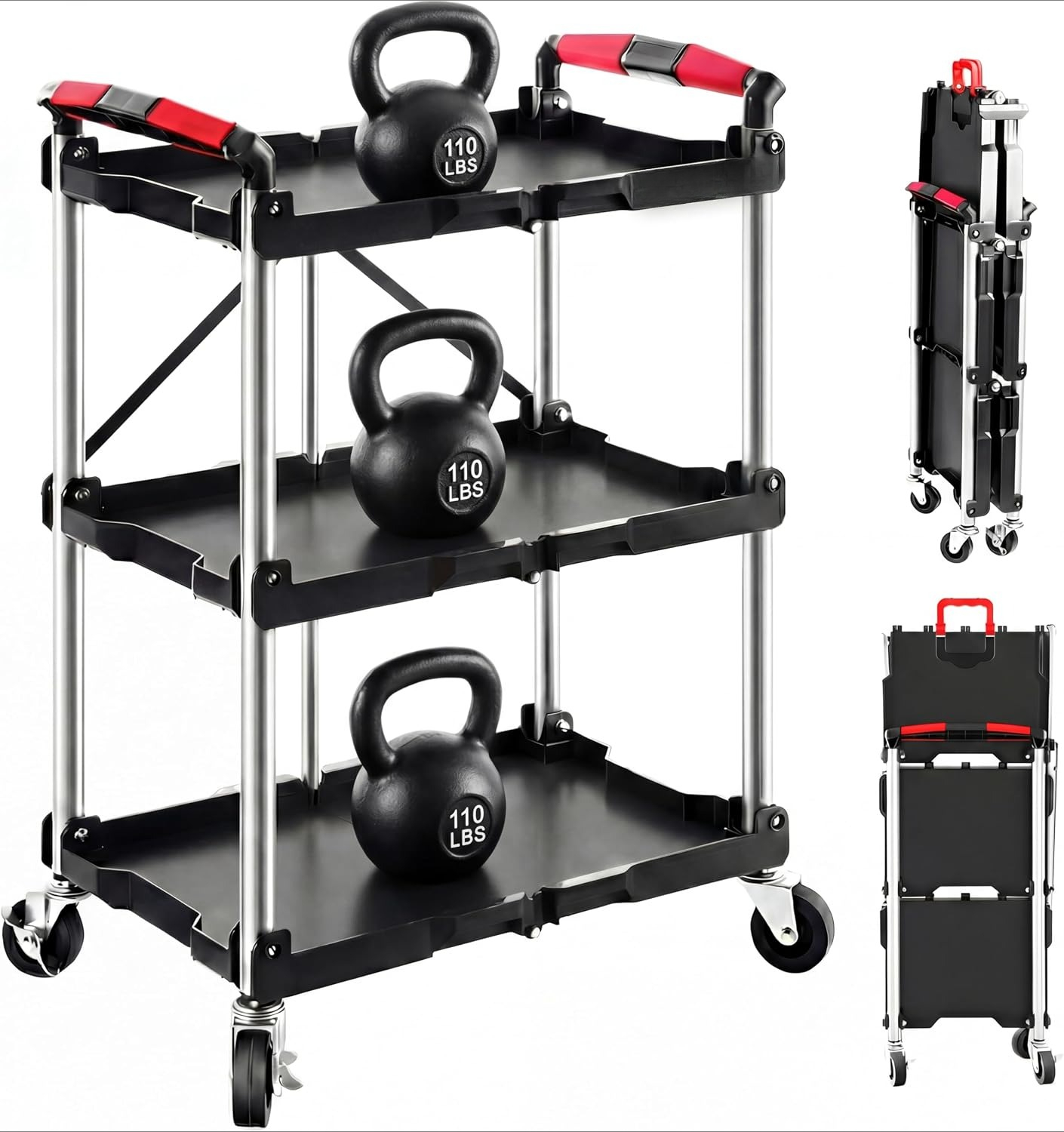 Tools For Garage Workshop - Трехъярусная складная тележка-органайзер на колесах, грузоподъемность